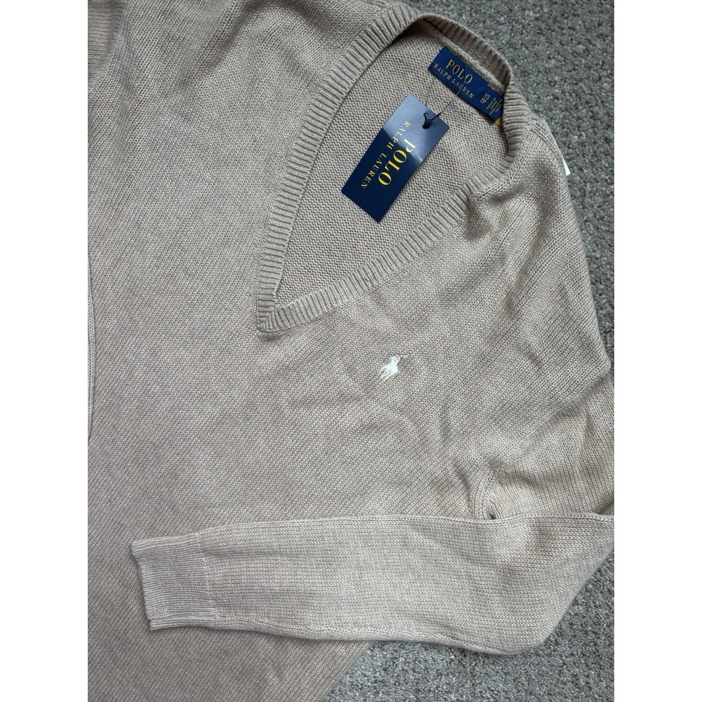 New Polo Ralph Lauren Women's XS Cotton Wool Blend V-Neck Sweater Jumper Tan